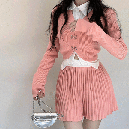 골지니트가디건세트 니트투피스 밴딩스커트 플리츠치마 하이틴룩 이쁜옷 핑크